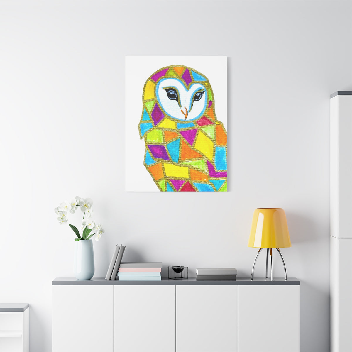 Spirit Animal Collection - Colorful Mosaic Barn Owl  — Stretched Canvas Print Wall Art