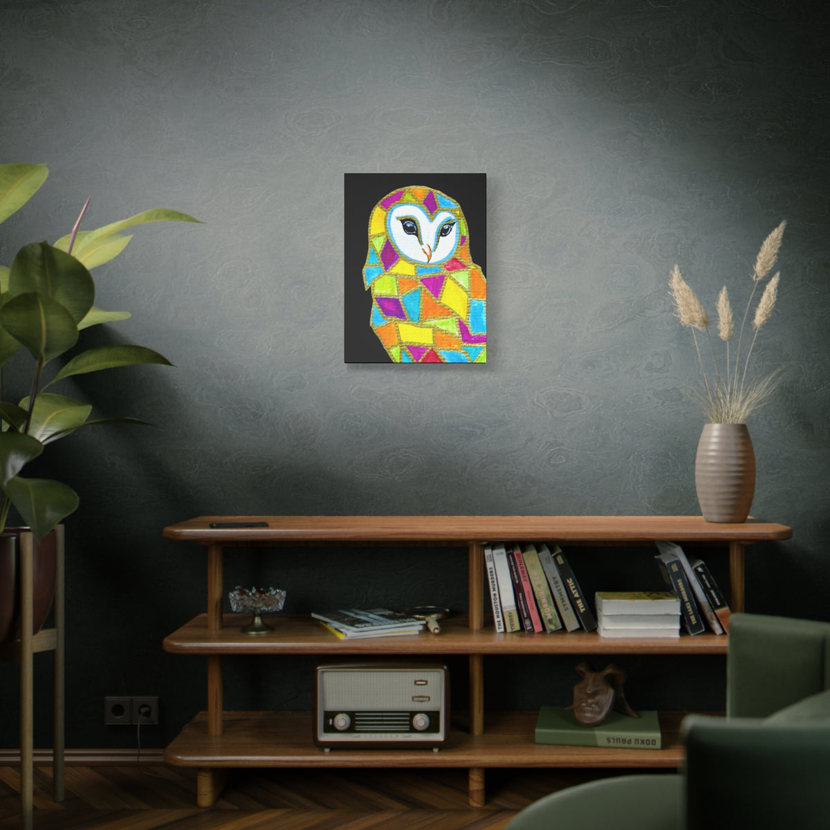 Spirit Animal Collection - Colorful Mosaic Barn Owl  — Stretched Canvas Print Wall Art