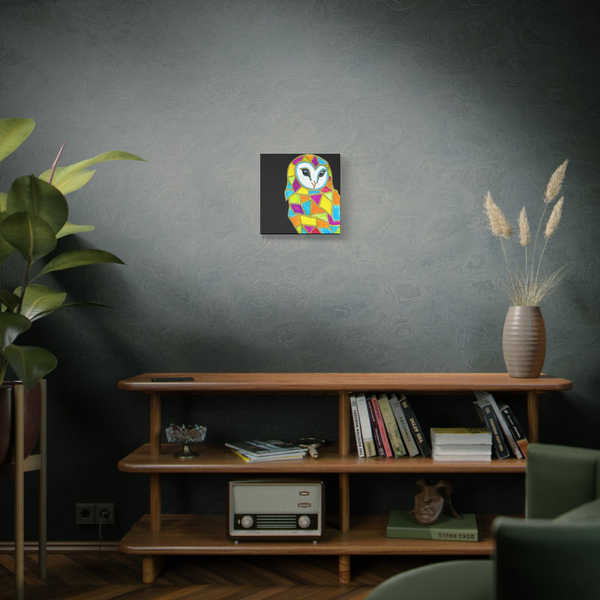 Spirit Animal Collection - Colorful Mosaic Barn Owl  — Stretched Canvas Print Wall Art
