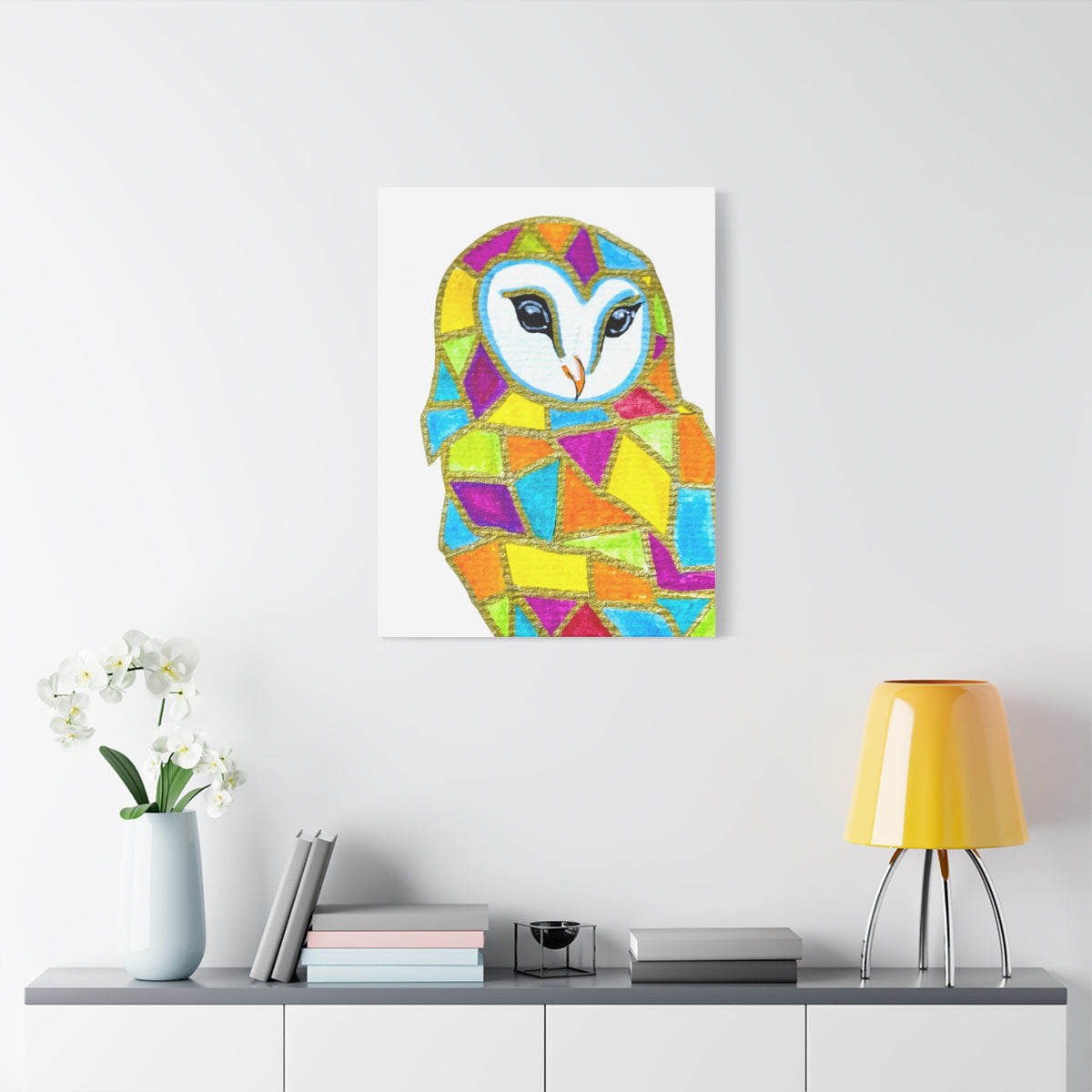 Spirit Animal Collection - Colorful Mosaic Barn Owl  — Stretched Canvas Print Wall Art