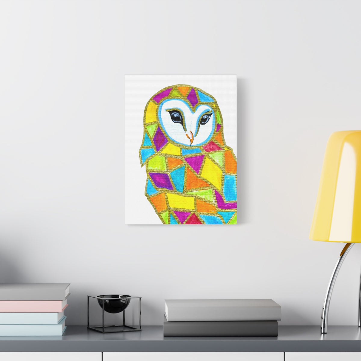 Spirit Animal Collection - Colorful Mosaic Barn Owl  — Stretched Canvas Print Wall Art