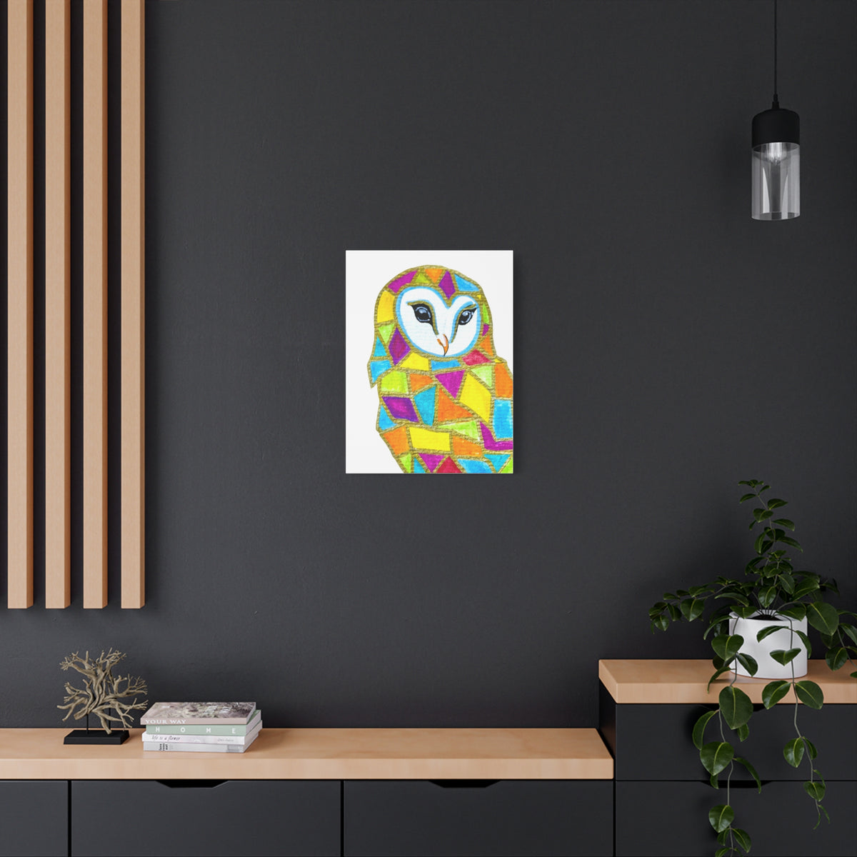 Spirit Animal Collection - Colorful Mosaic Barn Owl  — Stretched Canvas Print Wall Art
