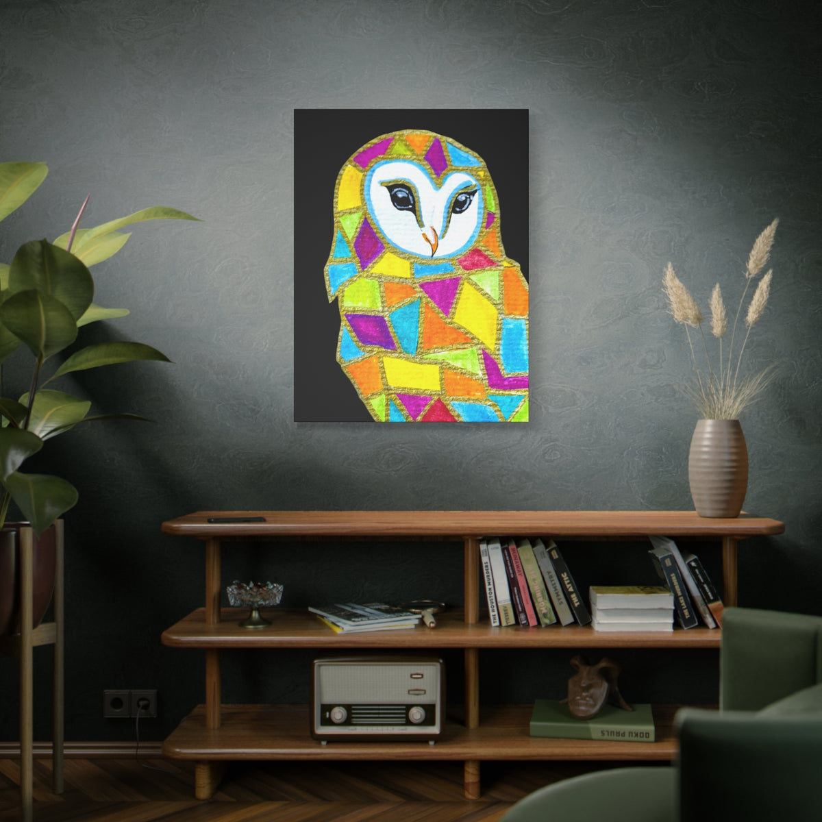 Spirit Animal Collection - Colorful Mosaic Barn Owl  — Stretched Canvas Print Wall Art