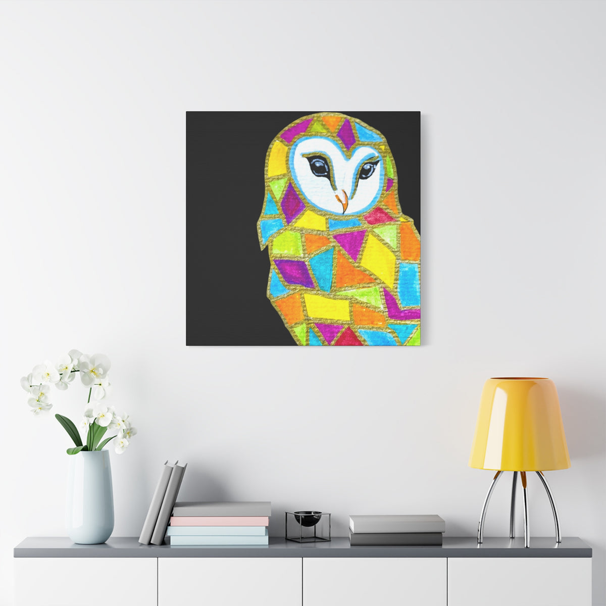 Spirit Animal Collection - Colorful Mosaic Barn Owl  — Stretched Canvas Print Wall Art