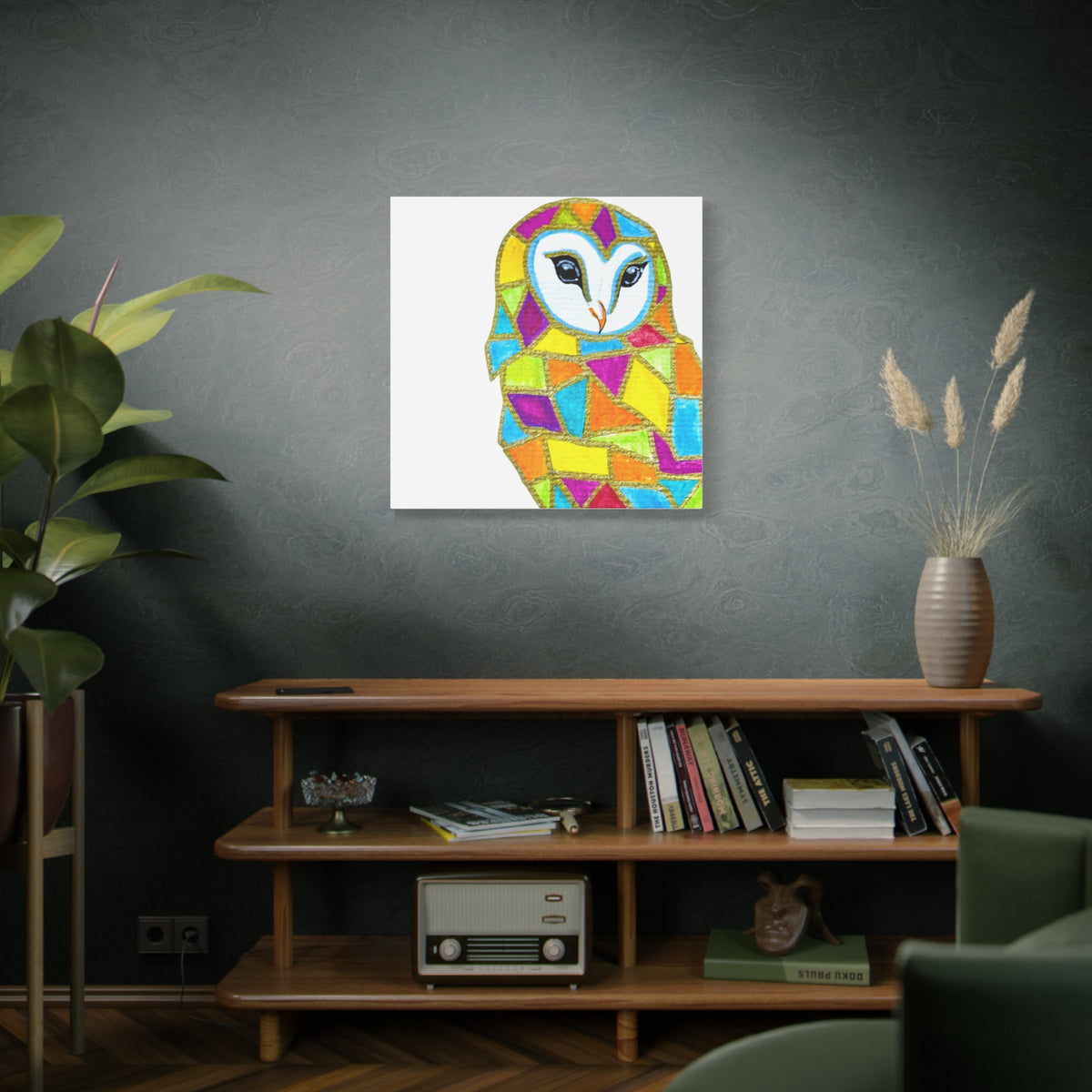 Spirit Animal Collection - Colorful Mosaic Barn Owl  — Stretched Canvas Print Wall Art