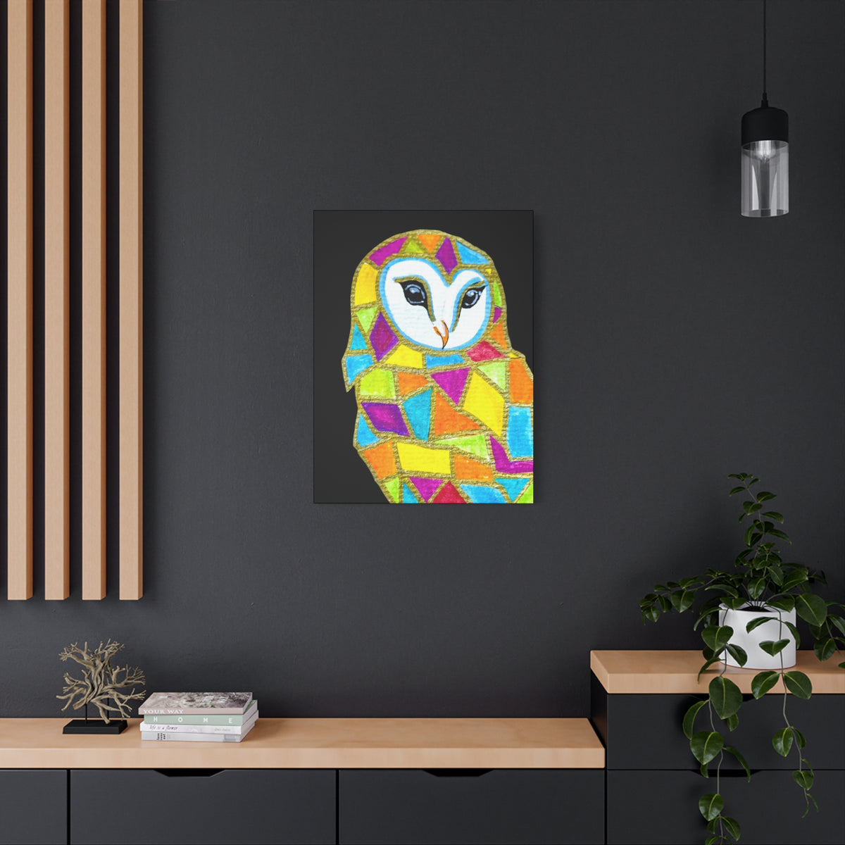 Spirit Animal Collection - Colorful Mosaic Barn Owl  — Stretched Canvas Print Wall Art