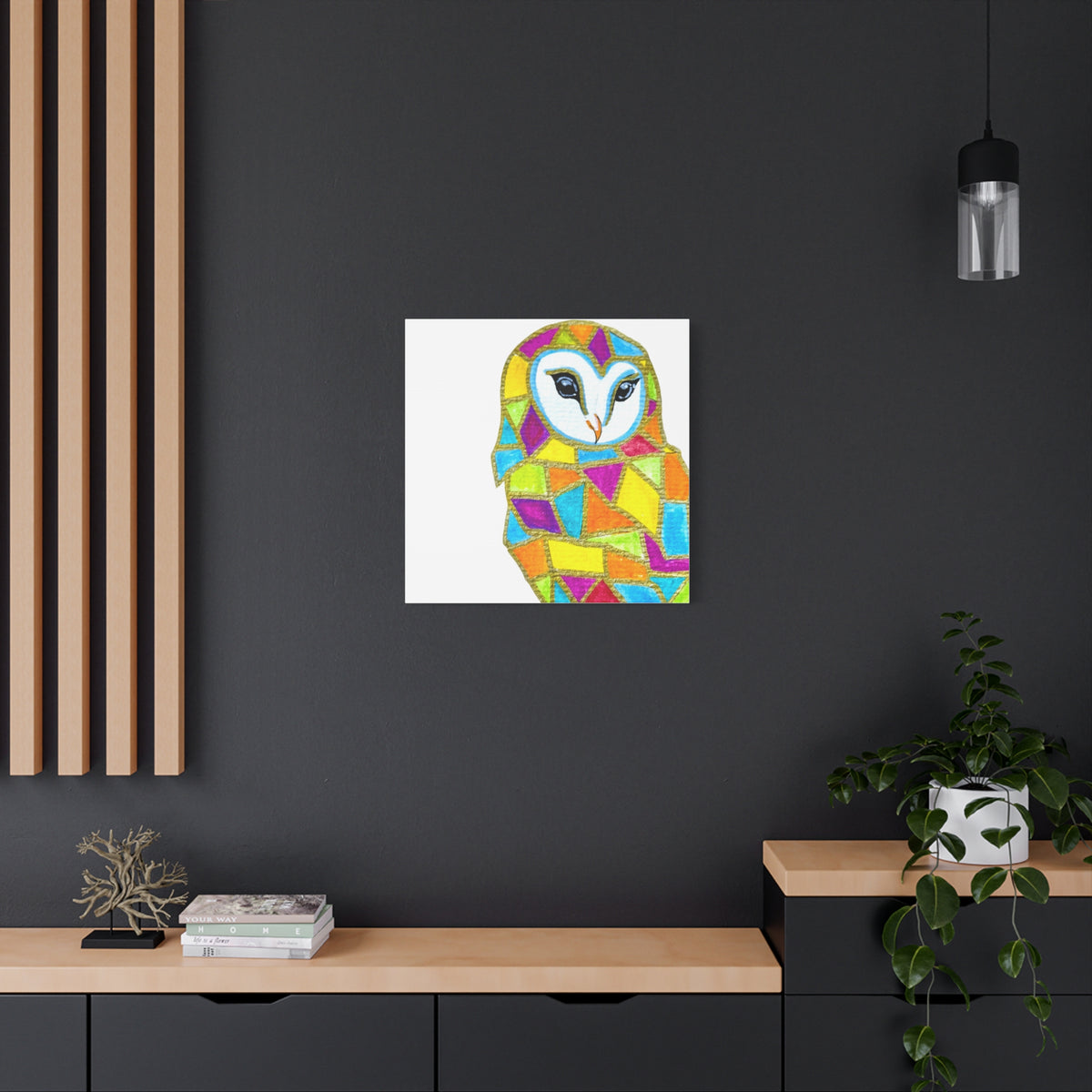 Spirit Animal Collection - Colorful Mosaic Barn Owl  — Stretched Canvas Print Wall Art