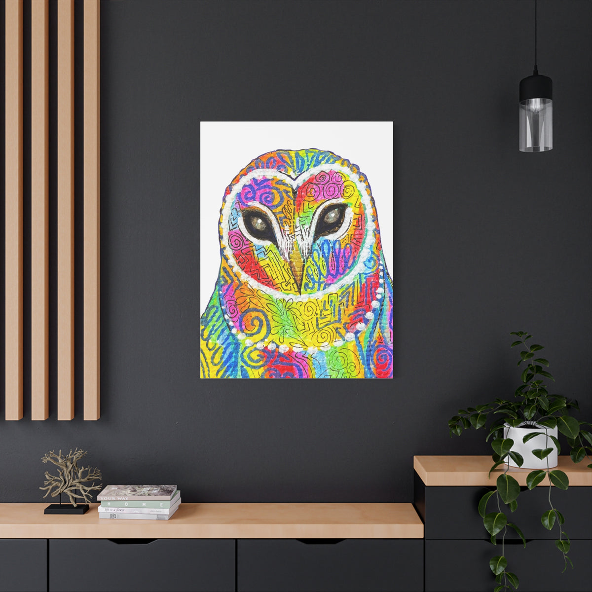 Spirit Animal Collection - Colorful Psychedelic Owl  — Stretched Canvas Print Wall Art