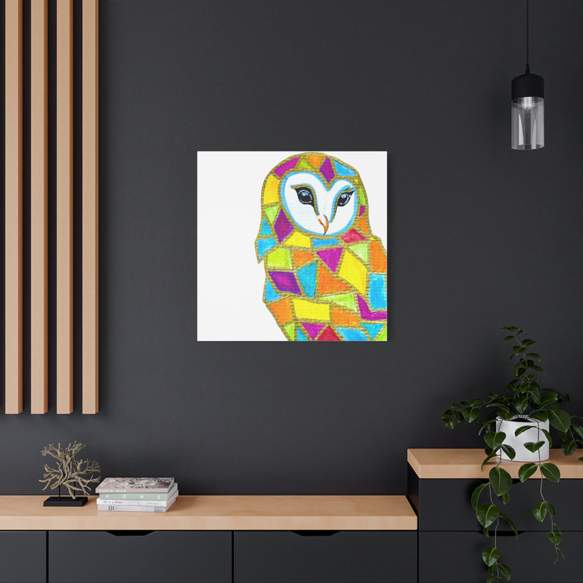 Spirit Animal Collection - Colorful Mosaic Barn Owl  — Stretched Canvas Print Wall Art