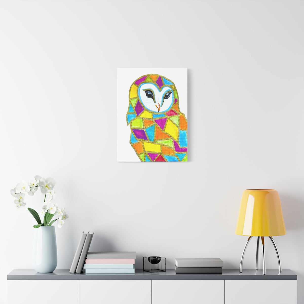Spirit Animal Collection - Colorful Mosaic Barn Owl  — Stretched Canvas Print Wall Art