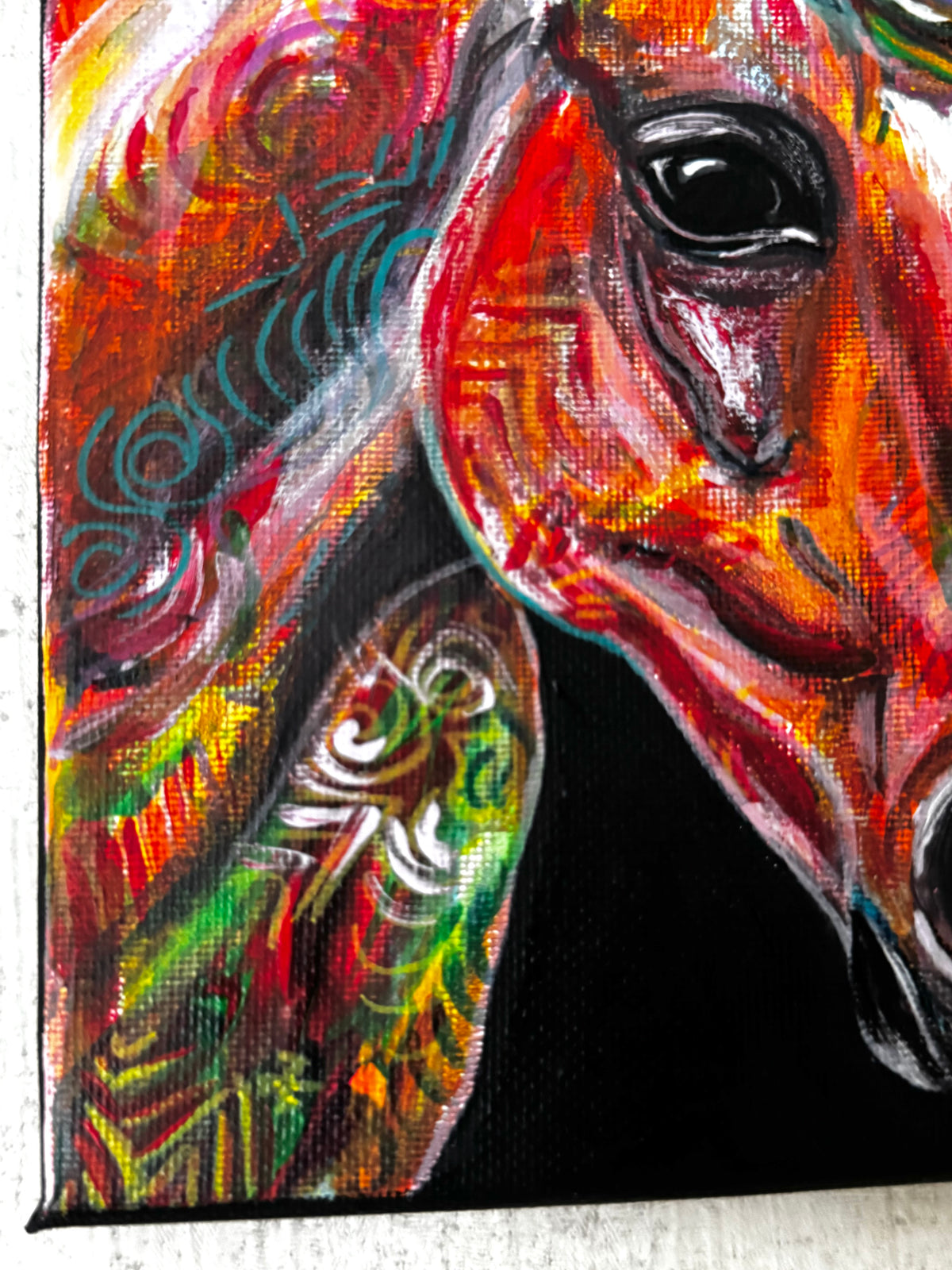 the-painted-horse-ainting-by-ingrida-tautkute-artwork-acrylic-on-canvas-close-up-eye-face-red-symbols-animal-pet-stallion-details